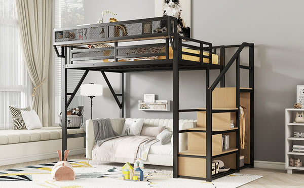 English Elm Full Size Loft Bed With Stairs & Storage Shelves - Stylish Metal Bed For Kids & Teens, Black Finish W2580S00029