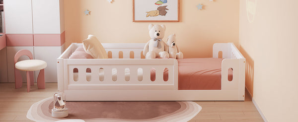 English Elm Wood Twin Size Platform Bed with Guardrail — Sturdy Pine & MDF Construction, Safe Low-Profile Design for Kids White N709P180836K