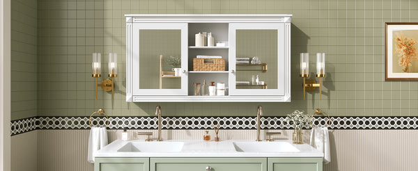 English Elm 55 Inch Wall Mount Medicine Cabinet Dual Mirrored Doors Soft Close Bathroom Vanity Storage White N710P401342K