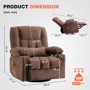 English Elm Massage Swivel Rocker Recliner with Heat Lumbar Relief and Usb Port for Living Room Brown W1521P478288