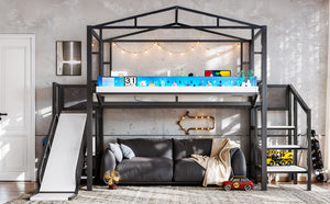 English Elm Twin Metal Loft Bed with Built-in Wardrobe Storage Stairs Led Lights and Usb Ports W5316S00045