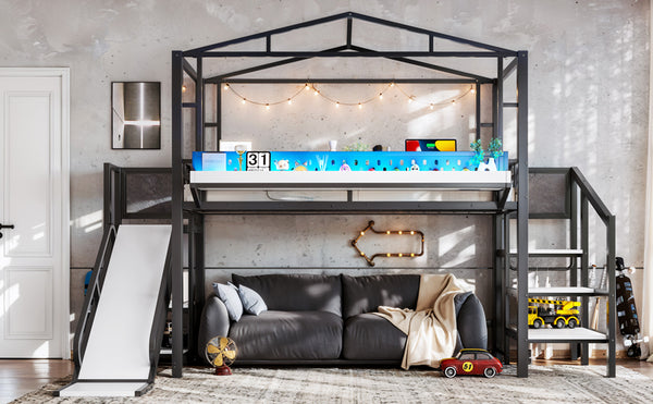 English Elm Twin Metal Loft Bed with Built-in Wardrobe Storage Stairs Led Lights and Usb Ports W5316S00045