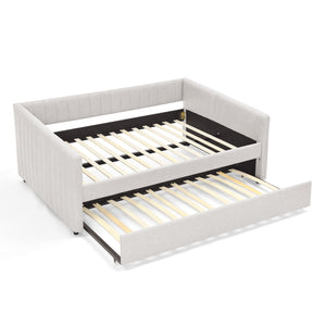 English Elm Full Size Daybed With Trundle, Elegant Beige Linen Sofa Bed, Vertical Stripes, Perfect For Guests! W1413S00091