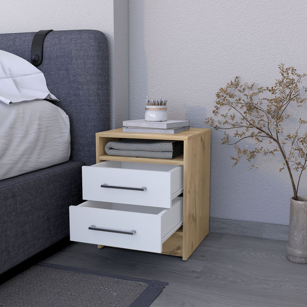 English Elm Philadelphia Nightstand with Two Drawers and Concealed Shelf, White & Light Oak Accent, Sleek Storage Design Multicolor 23 L x 19 W x 7 H B128P148786