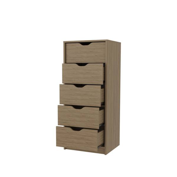 English Elm FM Olijato 5-Drawer Dresser – Tall Space-Saving Oak Chest, Scratch-Resistant Melamine Finish B128P301391