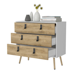 English Elm Kimball 3-Drawer Dresser White Macadamia – Midcentury Modern Storage, Smooth Glide Drawers, Wooden Legs B128P176105