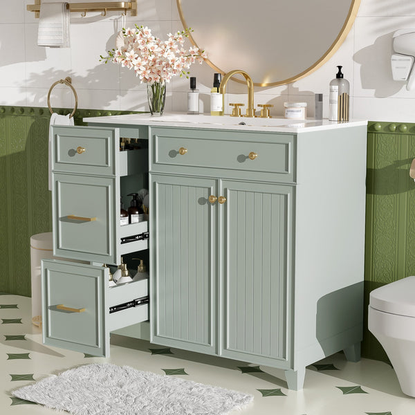 English Elm 36" Modern Bathroom Vanity with Ceramic Sink, Soft-Close Doors, Double-Layer Drawer & Storage Elegance Green N729P289163F
