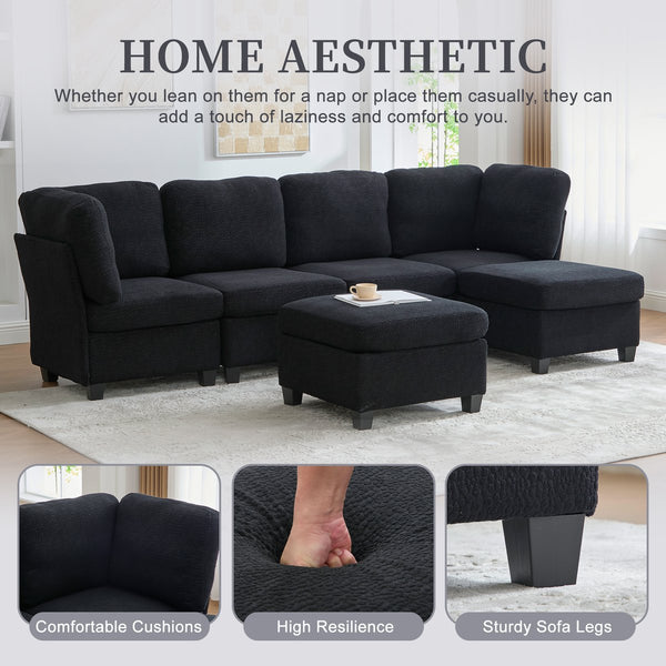 English Elm UNITED Modular 6-Seat Sectional Sofa with Removable Ottoman, Storage Compartments, Convertible Comfort Black W1568S00243