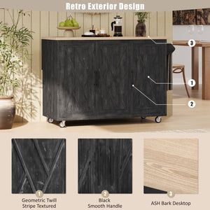 English Elm K&K Farmhouse Kitchen Island with Geometric Twill Doors, ASH Bark Top, Drop Leaf & Lockable Wheels Black N707P221444B