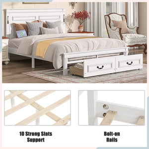 English Elm Queen Farmhouse Pinewood Storage Bed with Led Lighting Usb Charging and Panel Headboard White W504P391013
