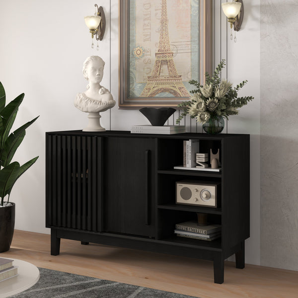 English Elm 47.3" Fluted Farmhouse Sideboard with Solid Wood Feet and Open Shelving for Dining Rooms W1801P428581