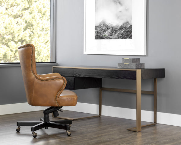 Sunpan Dalton Modern Desk in Black Oak Veneer with Antique Brass Frame - Stylish Storage Solution for All Spaces