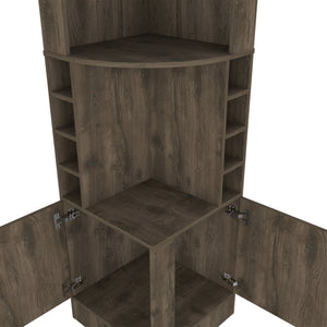 English Elm Seattle Corner Bar Cabinet with 8 Bottle Cubbies, Glass Racks & 2 Open Display Shelves — Modern Elegance B128P176131