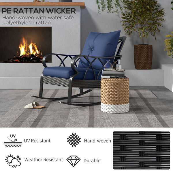 English Elm Outsunny Outdoor Wicker Rocking Chair With Plush Cushions - Stylish Garden & Patio Rocker In Navy Blue W2225P174017-GIGA
