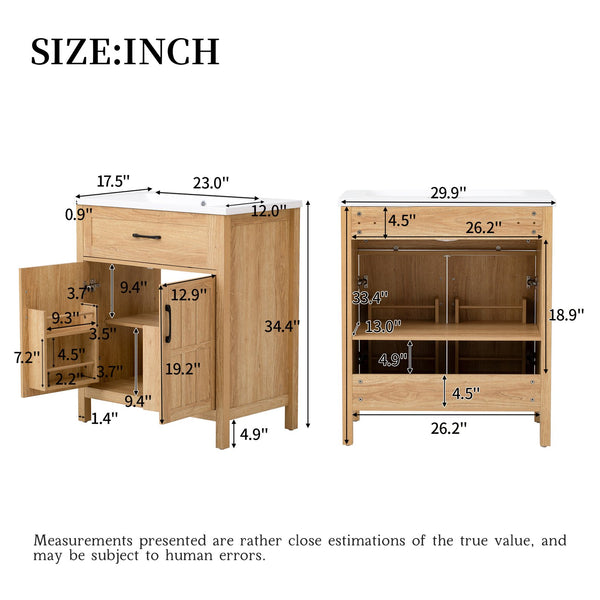 English Elm 30" Solid Pine Bathroom Vanity with Resin Sink Soft Close Doors and Natural Grain Finish N710P405952P
