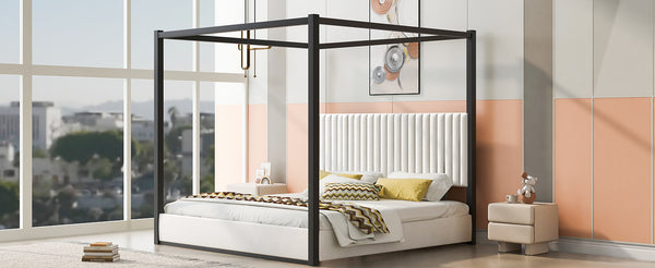 English Elm King Velvet Upholstered Four Poster Canopy Bed White Modern Bedroom Frame N7090002405B