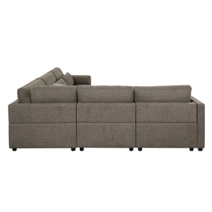 English Elm Rylie Brown Linen 5-Piece Modular Sectional Sofa with Toss Pillows, Pocket Coil Seats, Modern Comfort B2726S00423