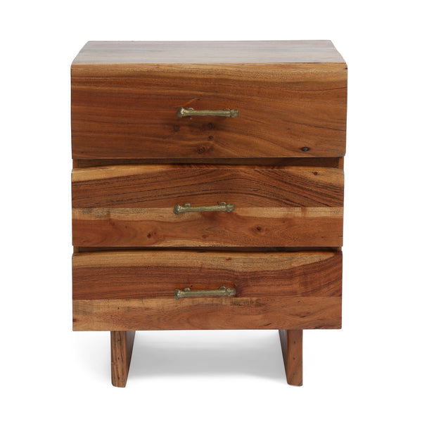 English Elm Christopher Knight Home® - NIGHTSTAND — Handcrafted Acacia Wood Nightstand with 3 Drawers, Antique Brass Handles, Boho Chic 68804.00