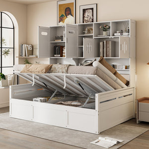 English Elm Full Size Wooden Daybed With Hydraulic Lift, Integrated Storage Cabinet & Stylish Shelving, White N820S00047K