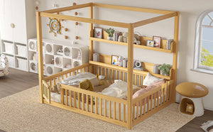 English Elm Full House Floor Bed with Door and Guardrails for Kids, Solid Wood Double Full, Safe Play Nook Natural W1580P359334