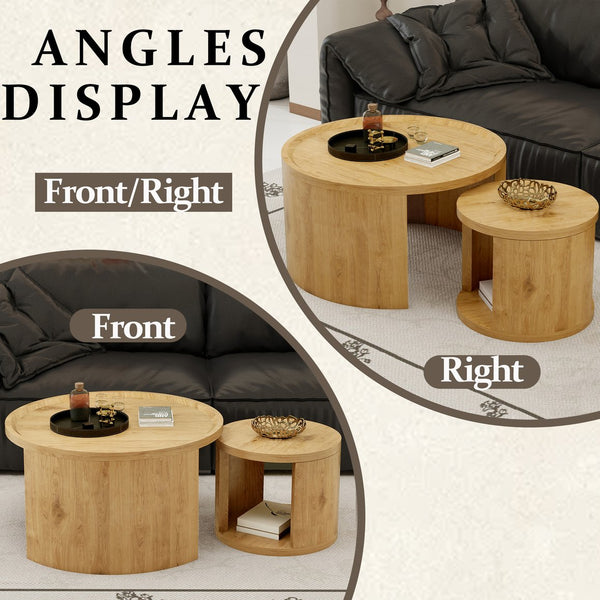 English Elm Round Nesting Coffee Tables with Wood Grain Tops Minimalist Set for Living Room W1727S00091