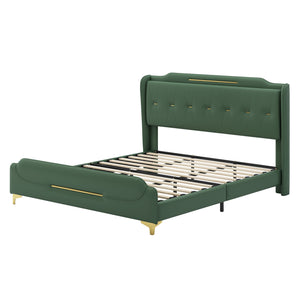 English Elm Christopher Knight Home® - King PU Leather Bed Frame with Wingback Headboard & Footboard, Gold Accents, Platform Slat Support, Elegant Design Green 77.5 L x 21 W x 5.25 H N761S0000012G