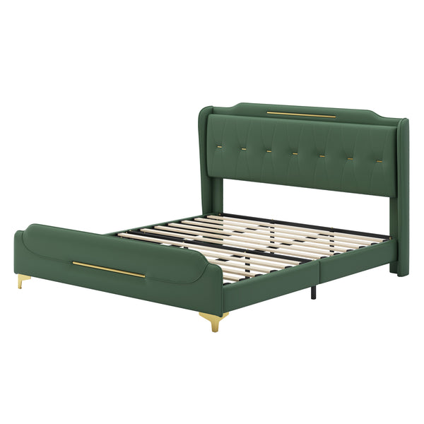 English Elm Christopher Knight Home® - King PU Leather Bed Frame with Wingback Headboard & Footboard, Gold Accents, Platform Slat Support, Elegant Design Green 77.5 L x 21 W x 5.25 H N761S0000012G