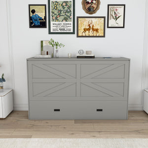 English Elm 57 Inch Murphy Bed Cabinet with Storage Drawers Charging Station and Rolling Casters Gray W509S00156