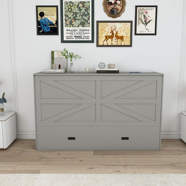 English Elm 57 Inch Murphy Bed Cabinet with Storage Drawers Charging Station and Rolling Casters Gray W509S00156