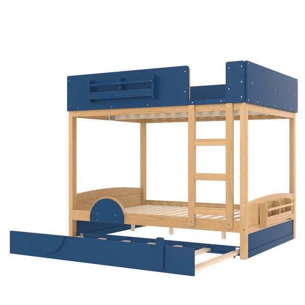 English Elm Full Bunk Bed with Trundle Bookshelf Storage Pine Frame Car Design for Kids Blue,Natural W1580S00445