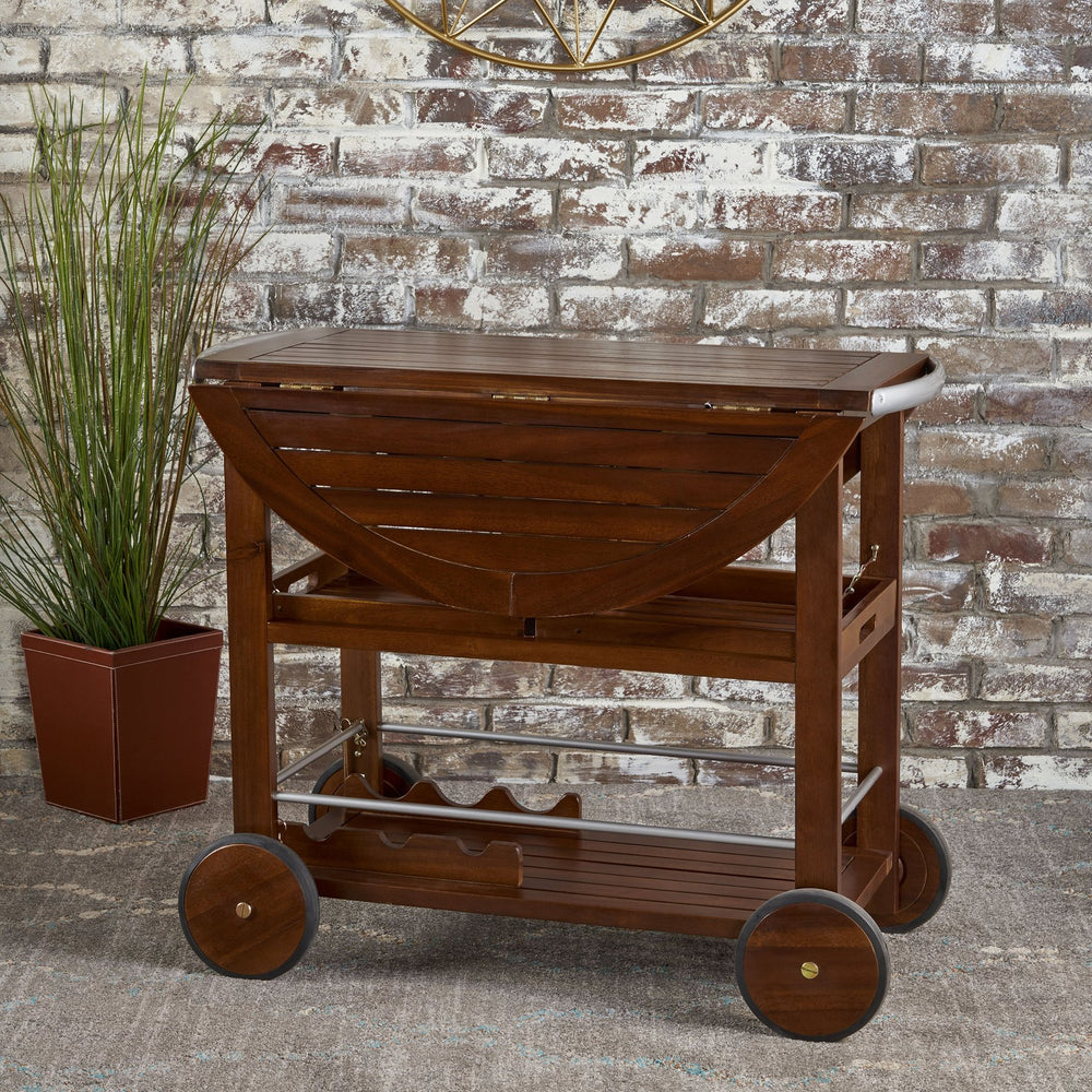 English Elm Christopher Knight Home® - BAR Tillary Outdoor Acacia Wood Drop-Leaf Bar Cart with Wine Rack, Drawers & Aluminum Wheels, Oak 60987.00