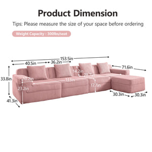 English Elm Modular 4-Seat L Shape Sectional Sofa - Plush Corduroy Couch With Movable Ottoman & Pillows, Pink W3041S00342