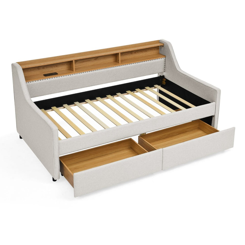 English Elm Twin Size Upholstered Sofa Bed With Led Lighting, Wireless Charging & Storage Drawers In Beige W1413S00056-GIGA