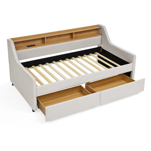 English Elm Twin Size Upholstered Sofa Bed With Led Lighting, Wireless Charging & Storage Drawers In Beige W1413S00056-GIGA