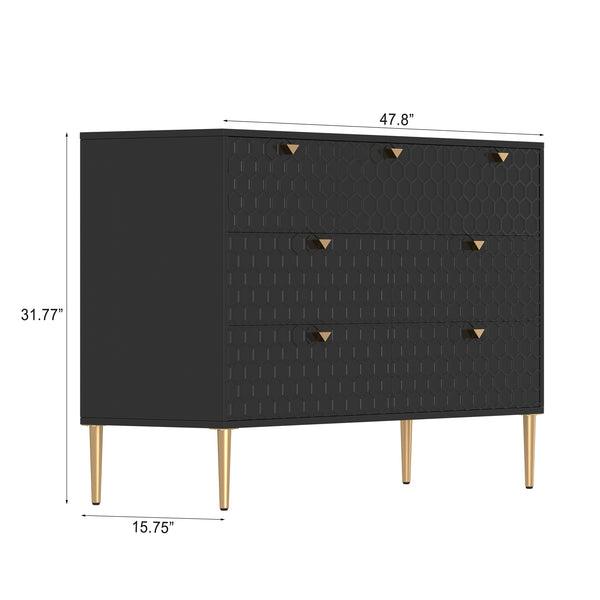 English Elm Modern 7-Drawer Storage Cabinet in Black with Gold Legs & Honeycomb Fronts – Stylish Versatile Organizer for Bedroom, Office, Entryway T3609P347457