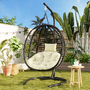 English Elm U_style Wicker Hanging Egg Chair with Stand Hdpe Cocoon Swing for Balcony Garden Black+Beige N711P389503A