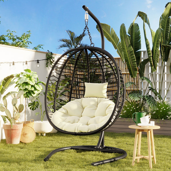 English Elm U_style Wicker Hanging Egg Chair with Stand Hdpe Cocoon Swing for Balcony Garden Black+Beige N711P389503A