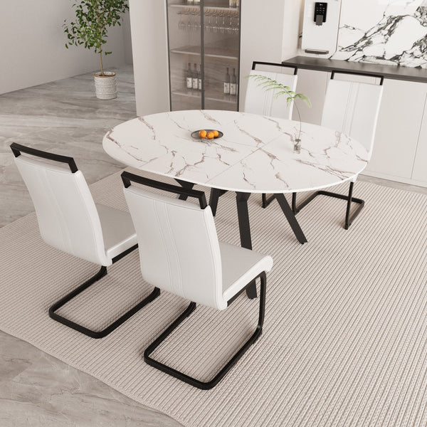 English Elm 47-63" Expandable Round Dining Set Mdf White Top Faux Leather Chairs for 6 White W3732S00065