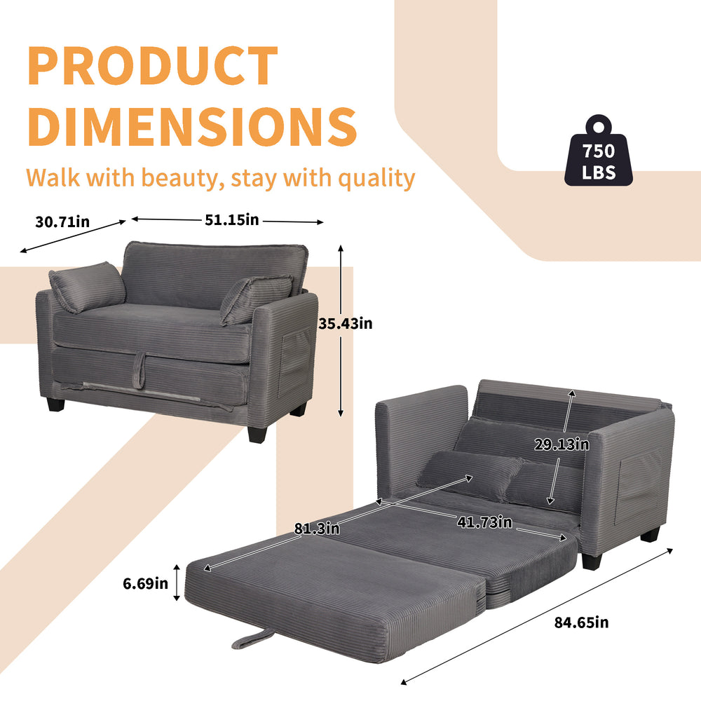 English Elm 2-in-1 Corduroy Loveseat Sleeper with Storage Converts for Living Room or Studio Grey W2715P409861