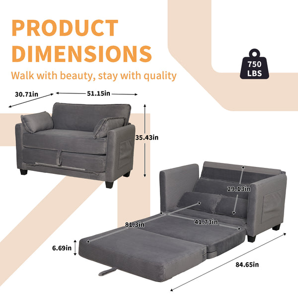 English Elm 2-in-1 Corduroy Loveseat Sleeper with Storage Converts for Living Room or Studio Grey W2715P409861