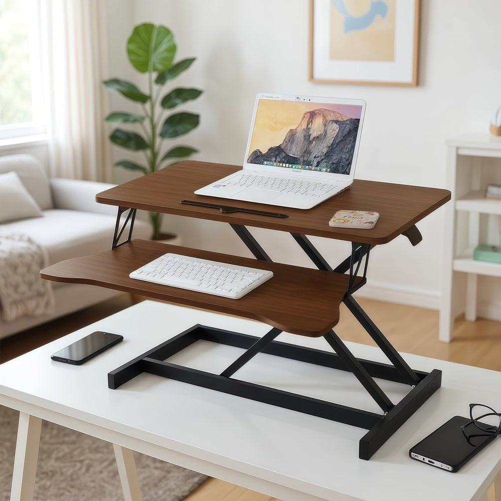 English Elm 32 Inch Sit Stand Desk Converter with Keyboard Tray Dual Monitor Ergonomic Riser Black,Walnut W2641P406127