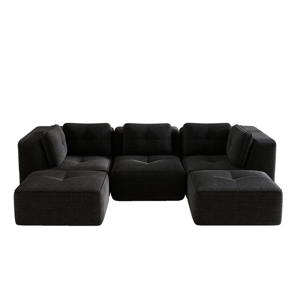 English Elm Modern Corduroy U-shaped Sectional with Tufted Cushions Deep Seat and Movable Ottomans Black W714S01791