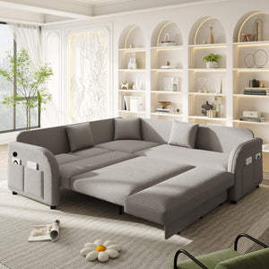English Elm 85.1" Teddy Plush L-shaped Sectional Sleeper Sofa with Usb Ports and Pull Out Bed Light Grey W1885S00320