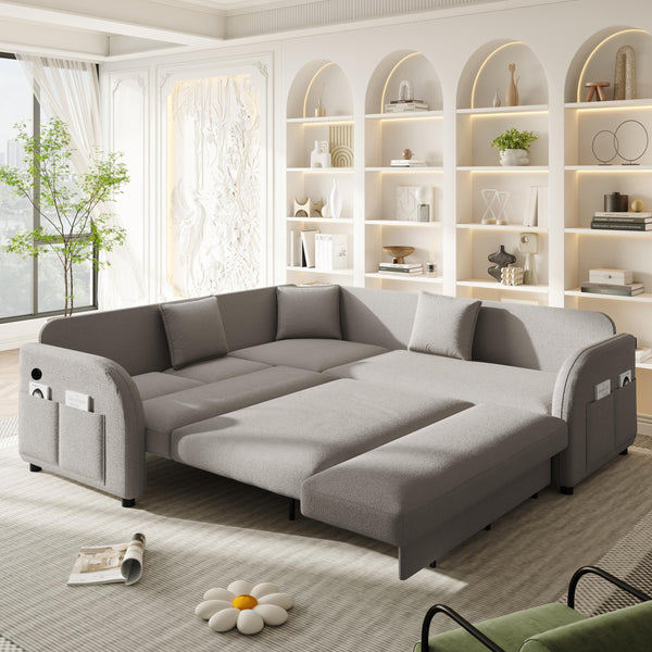 English Elm 85.1" Teddy Plush L-shaped Sectional Sleeper Sofa with Usb Ports and Pull Out Bed Light Grey W1885S00320