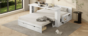 English Elm Full Size Daybed with Hydraulic Desk Armrests Storage Drawer and Sofa Seating White LT000271AAK