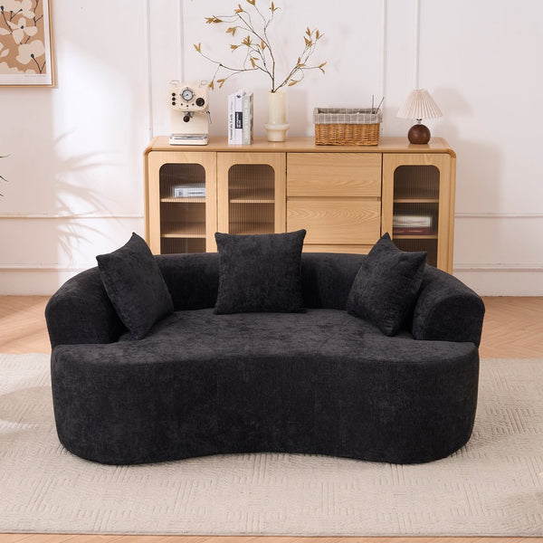 English Elm Crescent-shaped Chenille Sofa Curved Low-back Two-seater with Cloud-like Deep Cushions Black W2012P375746