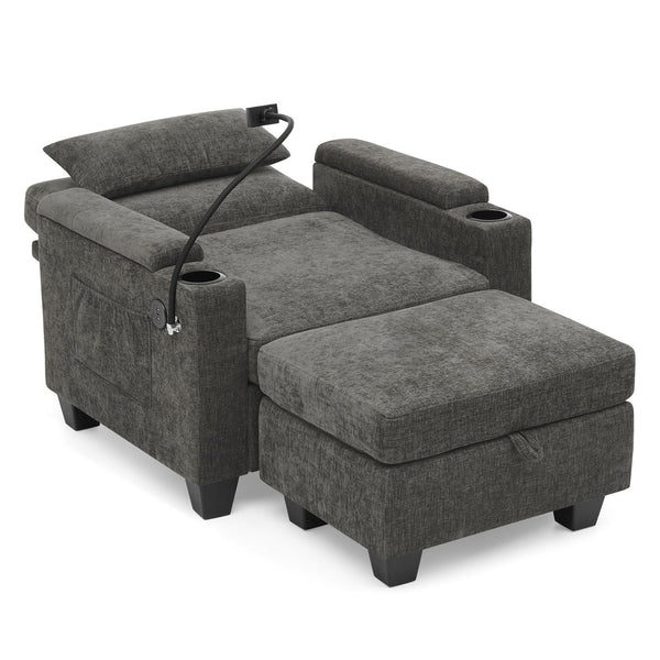 English Elm Single Chenille Manual Recliner with Usb Port Hidden Storage Ottoman and Cup Holders Gray W487P423648