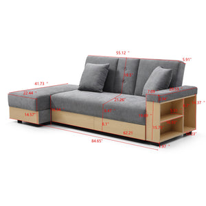 English Elm Convertible Sleeper Sofa with Reversible Armrest, Storage Ottoman, Drop-Down Table & Dual Cup Holders for Living Room Comfort Grey W2677S00023