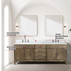English Elm Grey Oak Double Bath Vanity With Carrara Marble Top, Faucets, & 36" Mirrors - Elegant Storage Solution B2731S01884