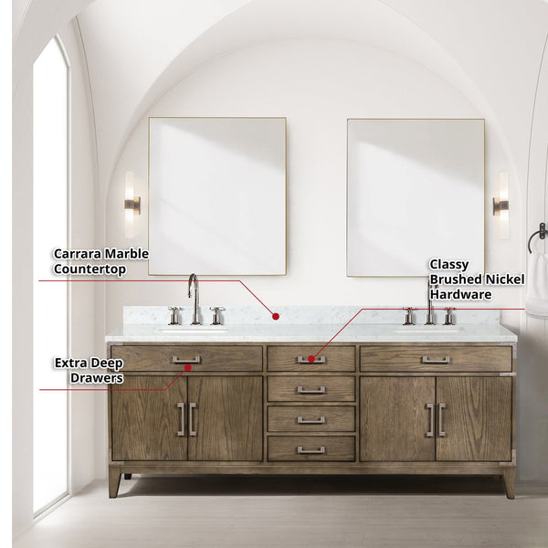 English Elm Grey Oak Double Bath Vanity With Carrara Marble Top, Faucets, & 36" Mirrors - Elegant Storage Solution B2731S01884